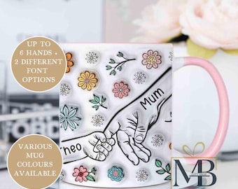 Personalised Mum with Kids Flower Mug, Custom Family Hands Coffee Cup, Mothers Day Gift for Mum Grandma, Up to 6 Names, Lookalike 3D