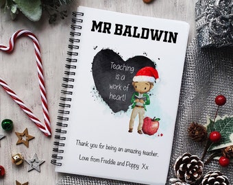 Personalised Christmas Teacher Gift, A5 Christmas notepad, Christmas Notebook, Christmas Journal, Editable text, Male or female teacher