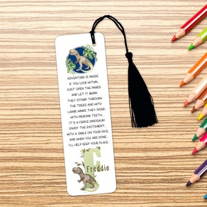 Personalised Dinosaur Bookmark, T-rex Bookmark, Birthday Gift, Christmas Stocking Filler, Bookmark for kids, Blue or Red