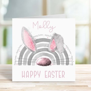 Carte cadeau de Pâques personnalisée, carte arc-en-ciel bunny, texte modifiable