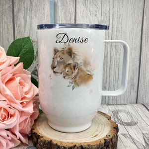 Personalised Coffee Mug with Lid, Lion Cup, Lioness and cub travel mug, Tin Mug with editable text