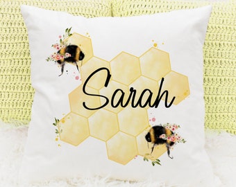 Personalised Bumble Bee Cushion with editable text,  Honeycomb Floral Bee Pillow,  Gifts for Her, Mother's Day, Teacher's Gifts