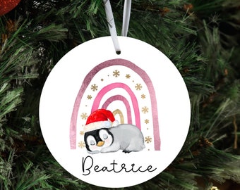 Personalised Christmas Decoration, Christmas Hanging Decoration, Gifts for Home, Penguin Gifts, Santa hat penguins, Rainbow gifts