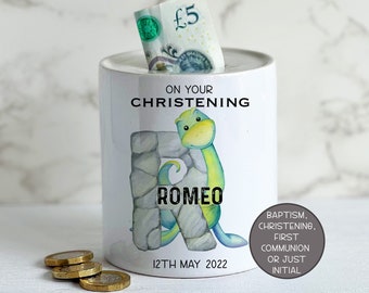 Personalised Dinosaur Money Box, Christening Money Box, First Communion Gift, Baptism Unisex Piggy Bank for Godson, Goddaughter, Daughter