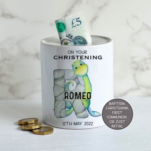 Personalised Dinosaur Money Box, Christening Money Box, First Communion Gift, Baptism Unisex Piggy Bank for Godson, Goddaughter, Daughter
