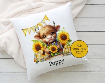 Personalised Highland Cow Sunflower Cushion, Scottish Cow Pillow, Family Gift