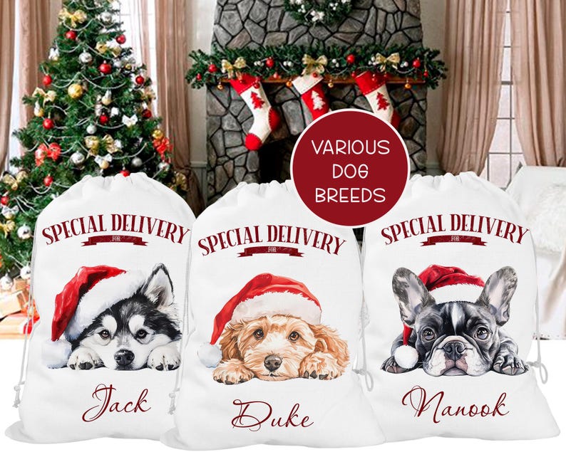 Personalised Christmas Dog sack, Personalised Christmas Pet Sack, Dog Santa Sack, Christmas Gift Bag for Dogs (various breeds) image 1