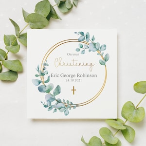 Carte de baptême personnalisée, carte unisexe de baptême Eucalyptus pour filleul, filleule, fils, fille