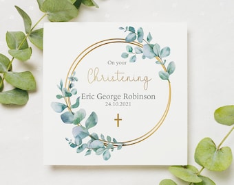 Personalised Christening Card, Baptism Eucalyptus Unisex Card for Godson, Goddaughter, Son, Daughter