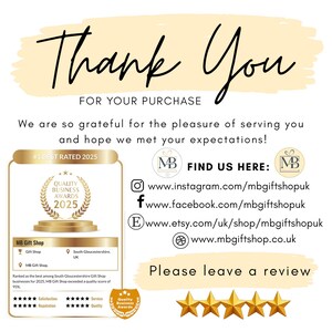 May include: A thank you card featuring the text Thank You FOR YOUR PURCHASE. It includes a 2025 Quality Business Awards badge for MB Gift Shop, social media links for Instagram, Facebook, Etsy, and a website, plus a five-star review request.