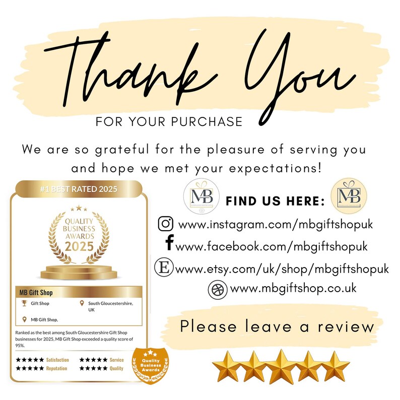May include: A thank you card featuring the text Thank You FOR YOUR PURCHASE. It includes a 2025 Quality Business Awards badge for MB Gift Shop, social media links for Instagram, Facebook, Etsy, and a website, plus a five-star review request.