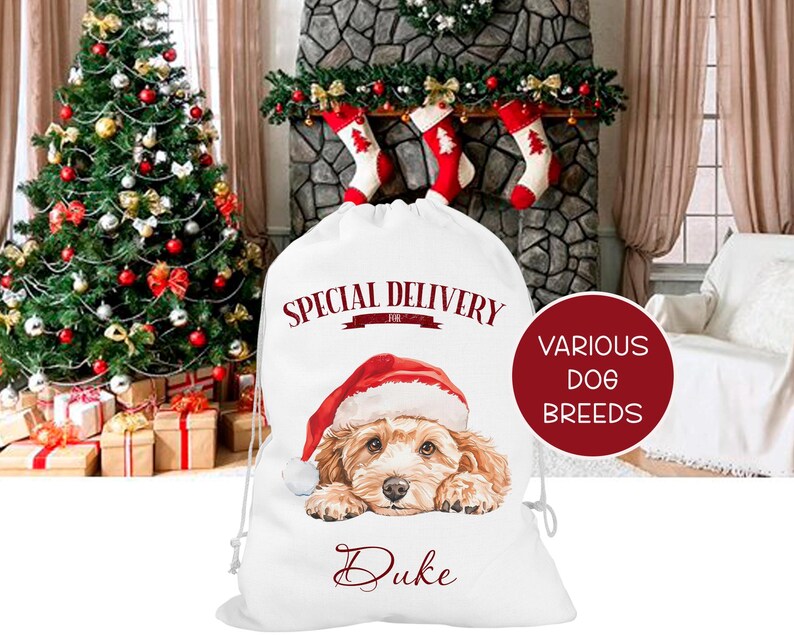 Personalised Christmas Dog sack, Personalised Christmas Pet Sack, Dog Santa Sack, Christmas Gift Bag for Dogs (various breeds) image 2