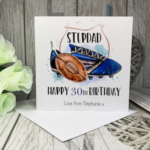 Personalised rugby birthday card, Father’s Day card, Blue theme Rugby Dad, Grandad, Uncle, Son, Editable text