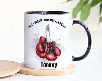 Personalised Boxing Mug, Boxer Gifts, Boxing Gloves, Kickboxing Cup for Him Or Her, Editable Text, Various Mug Colours