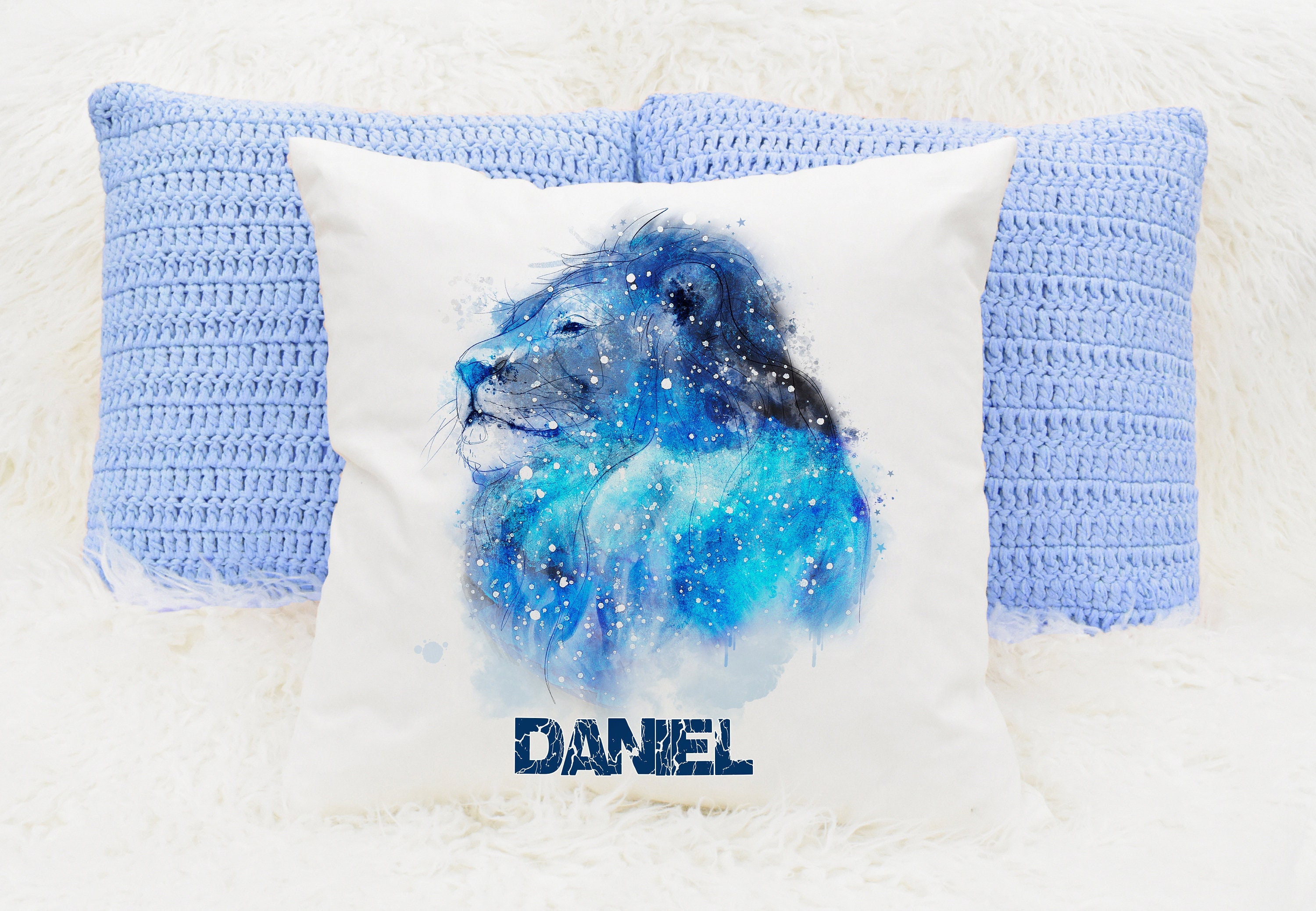 Personalised lion cushion in galaxy theme - Space lion pillow with name - Bedroom decor
