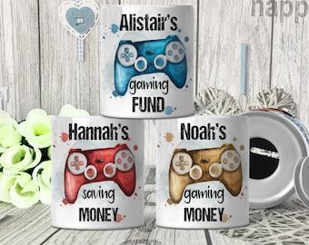 Personalised Gaming Money Box, Ceramic Money Box, Gamer Gift, Piggy bank, Coin Money pot, Editable text, Stocking Filler Christmas Gifts