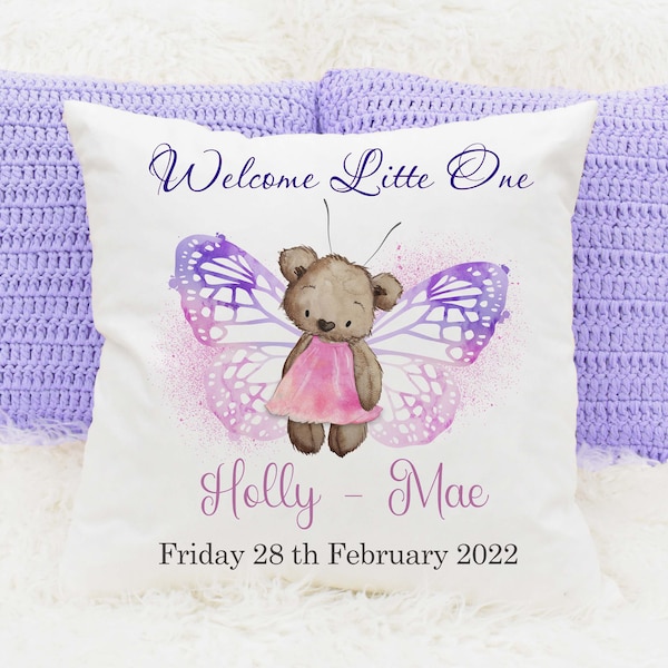 Personalised baby bear cushion, Butterfly Teddy Bear cushion, Birth details gifts, Birthday cushion, Editable Text