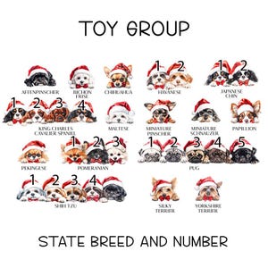 May include: A chart with illustrations of various dog breeds in the Toy Group. Each breed is labeled with its name and a number. The chart is titled "Toy Group" and "State Breed and Number".