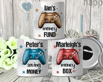 Personalised Gaming Money Box, Ceramic Money Box, Gamer Gift, Piggy bank, Coin Money pot, Editable text, Stocking Filler Christmas Gifts