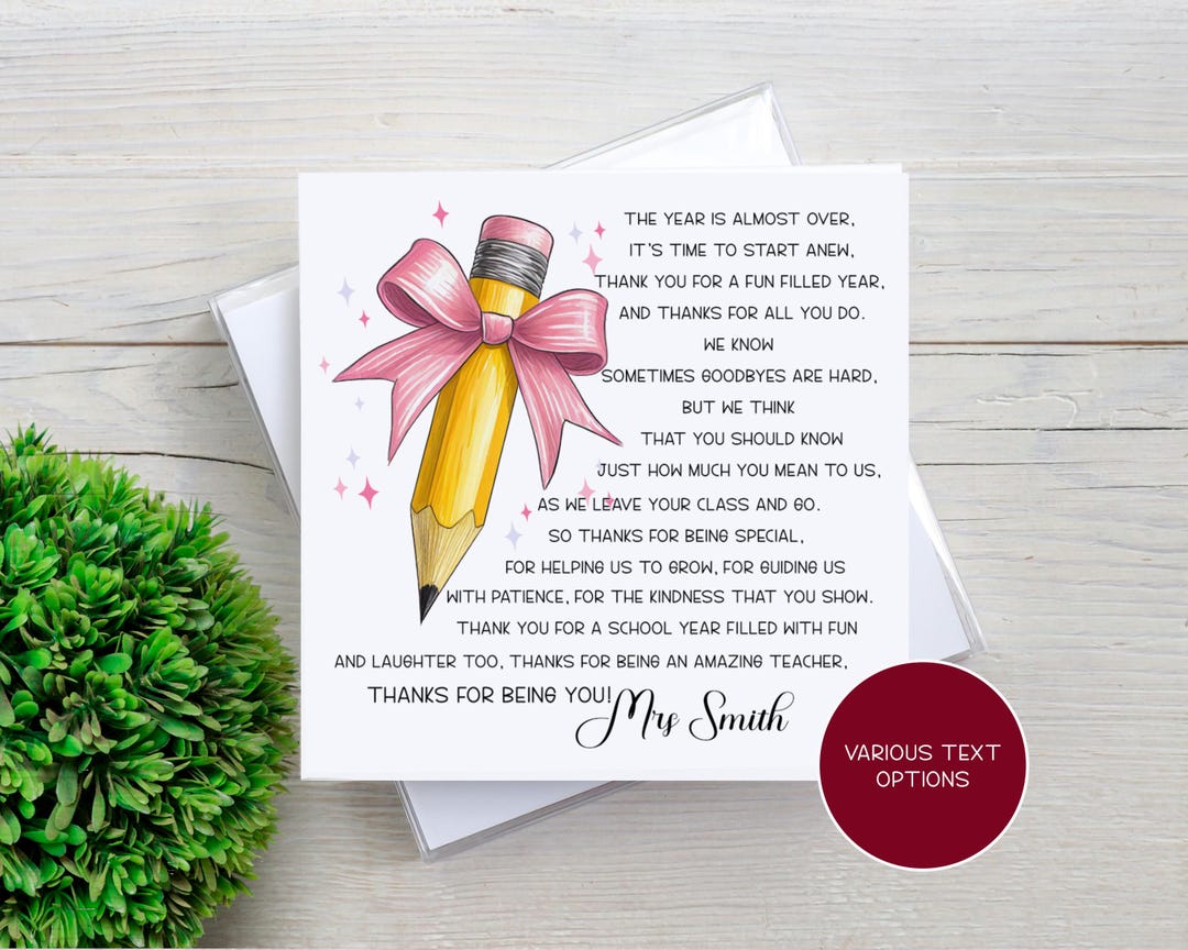 Thank You Teacher Card, Personalised Bow Pencil Card for End of School ...