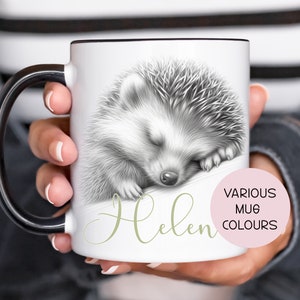 May include: White ceramic mug with a black handle. The mug features a grayscale illustration of a sleeping hedgehog with the name "Helen" written in cursive below. The text "Various Mug Colours" is written in a pink circle on the right side of the mug.
