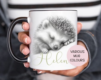 Personalised Hedgehog Mug Gift, Sleeping Hedgehog Cup for Him Or Her, Stocking filler, Various mug and font colours