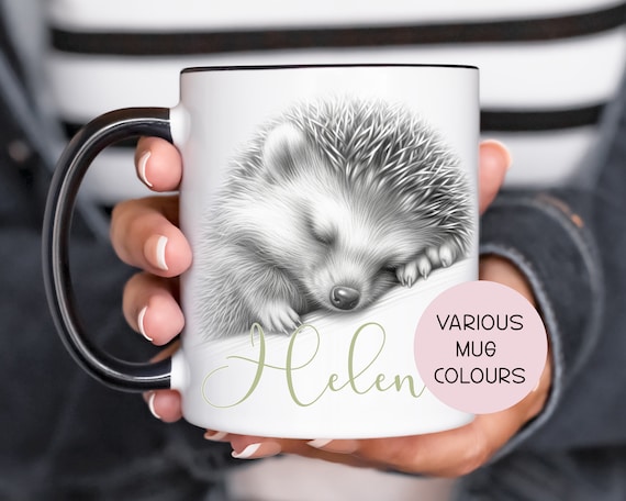 Personalised Hedgehog Mug Gift, Sleeping Hedgehog Cup for Him Or Her, Stocking filler, Various mug and font colours