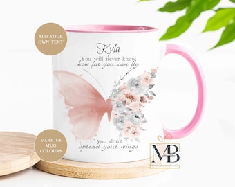 Personalised Butterfly Mug, Gift For Friends, Birthday Gift, Positivity Gift, Rose Gold Butterfly Mug