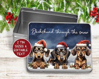 Personalised Biscuit Tin, Dachshund Christmas Cookies, Decorative Treat Tin for Family and Friends, 2 tin sizes, Various Text