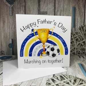 Carte fête des pères, carte thème football personnalisée, papa football, grand-père, oncle, fils, carte bleu et jaune
