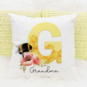 Personalised Bee Cushion, Initial Alphabet Bumble Bee Pillow, Add your own text, Mother's Day Gift
