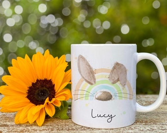 Personalised Easter Bunny Mug, Happy Easter Pastel Rainbow cup, Gifts for Kids or Adults