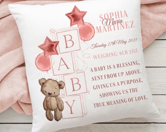 Personalised new baby girl cushion, Pink teddy bear cushion, Nursery decor,  Child cushion, Birthday gift, Baby shower gift, Editable text