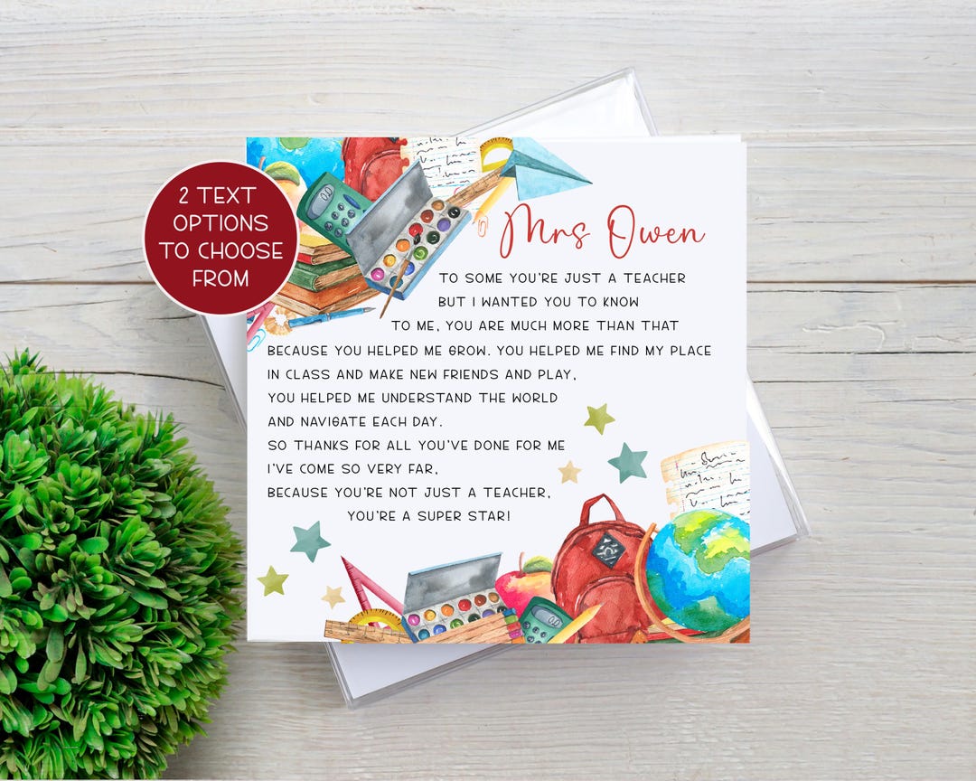 Teacher Thank You Card, Personalised End of Term Card, 2 Text Options ...