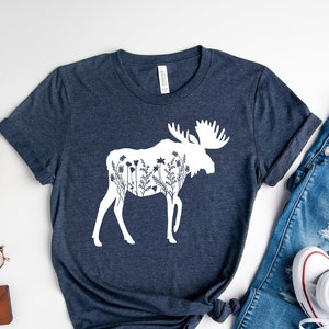 Floral Moose Shirt, Custom Family Camping Tshirt, Mountain Vacations, Wildlife Graphic, Kid's Sizes Too, Nature Lover Gifts, Animals Tee