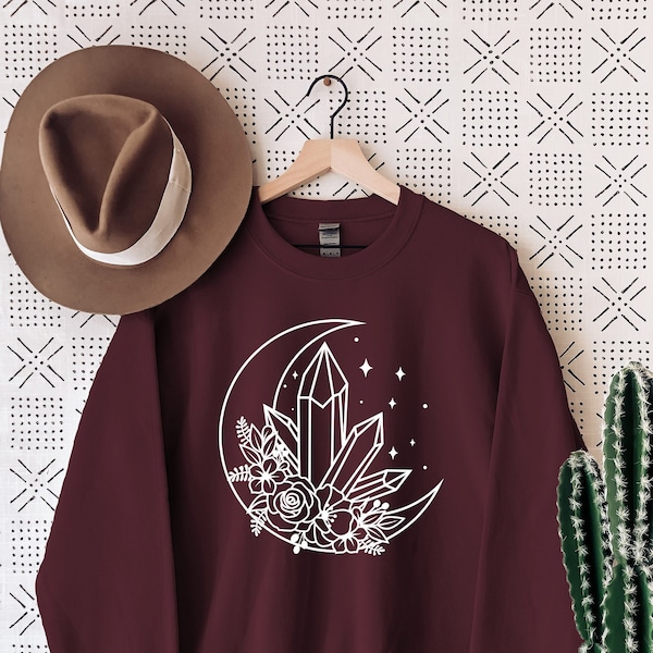 Crystal Moon Flowers Sweatshirt, Mystical Sweat, Witchy Gifts