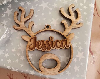 Personalised Wooden Reindeer Christmas Bauble/Present Tag