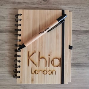 Personalised Bamboo Journal / Notebook / Recipe Book / Travel Diary with Personalised Engraved Pen Included Rings, A5 Lined Sheets Custom Logo/Image