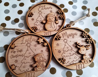Adorno de madera personalizado para la primera Navidad en 3D, etiqueta para regalo, decoración, colgante para árbol
