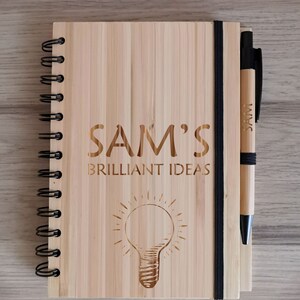 Personalised Bamboo Journal / Notebook / Recipe Book / Travel Diary with Personalised Engraved Pen Included Rings, A5 Lined Sheets Brilliant Ideas