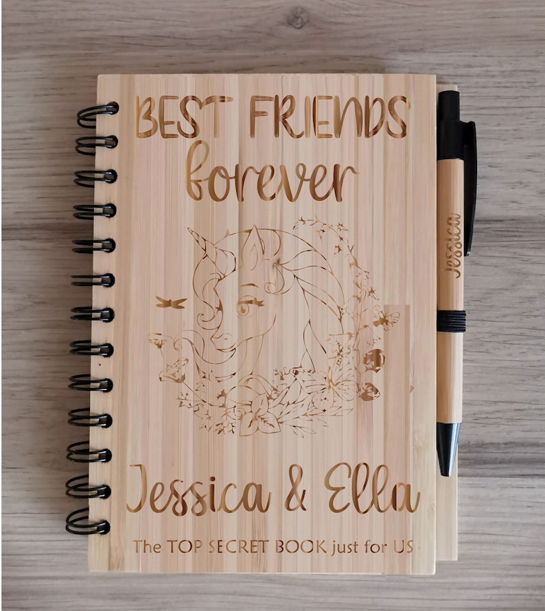 Personalised Bamboo Journal / Notebook / Recipe Book / Travel Diary with Personalised Engraved Pen Included Rings, A5 Lined Sheets Best Friends