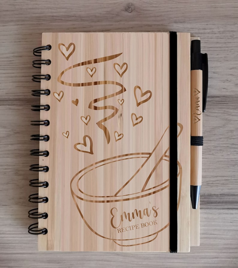 Personalised Bamboo Journal / Notebook / Recipe Book / Travel Diary with Personalised Engraved Pen Included Rings, A5 Lined Sheets Recipe Book