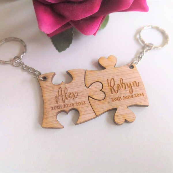 His & Hers Personalised Wooden Puzzle Piece Key Ring/Key Chain Set. Valentines, Birthday, Wedding, For Him, For Her, Couples Gift