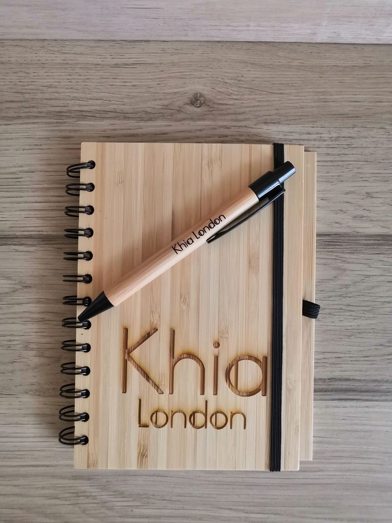 Personalised Bamboo Journal / Notebook / Recipe Book / Travel Diary with Personalised Engraved Pen Included Rings, A5 Lined Sheets Custom Logo/Image