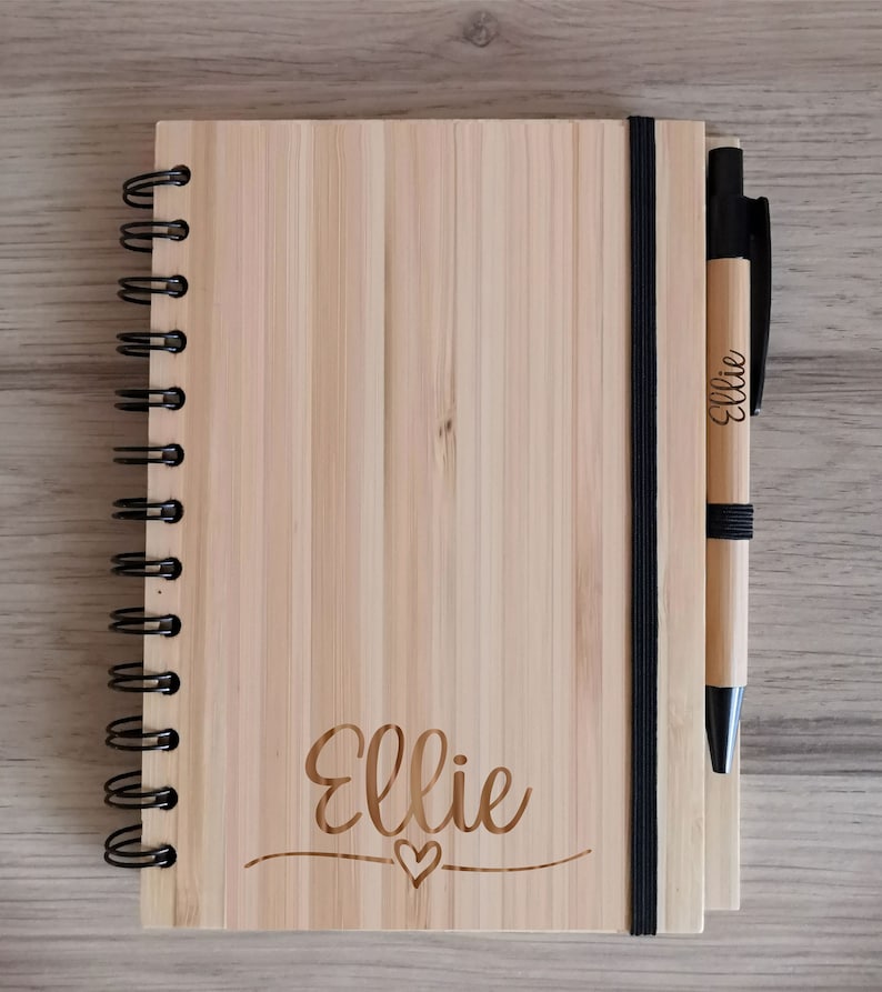 Personalised Bamboo Journal / Notebook / Recipe Book / Travel Diary with Personalised Engraved Pen Included Rings, A5 Lined Sheets Name
