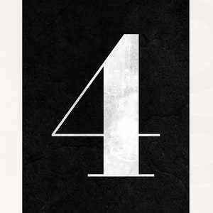 Impresión de números. 4. CUATRO. Tipografía moderna. Decoración minimalista de paredes. Cartel de alta resolución. Descarga digital