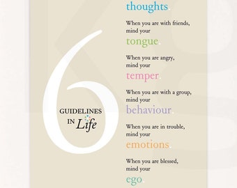 6 Guidelines in Life. Ancient Wisdom. Quotes. Inspirational Print. High Resolution Digital Download
