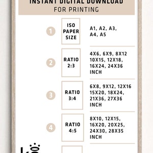 May include: A beige and white printable guide with the text "You will receive 5 high quality jpeg files instant digital download for printing". The guide lists different ISO paper sizes and aspect ratios with corresponding dimensions in inches.