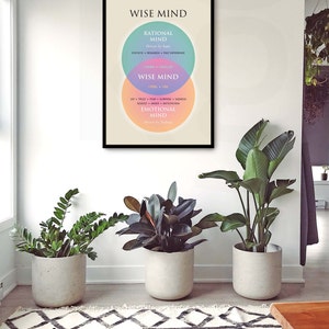 Pu&ograve; includere: Una stampa incorniciata in nero con uno sfondo bianco e un diagramma di Venn colorato intitolato "Wise Mind". Il diagramme mostra tre cerchi sovrapposti etichettati "Rational Mind", "Emotional Mind" e "Wise Mind".