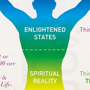 May include: A graphic illustration of a person with their arms raised, representing different states of being. The illustration is divided into four sections, each with a different color: blue, green, yellow, and orange. The text "Enlightened States", "Spiritual Reality", "Creative", and "Destruction" are written in white on each section.